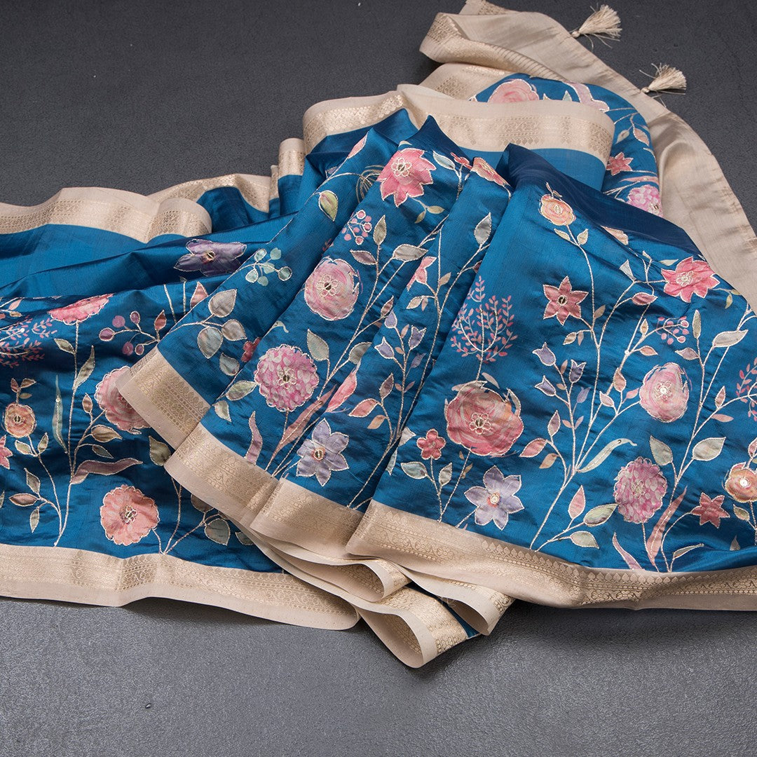 Katan Silk Peacock Blue Floral Printed Saree With Zari Border