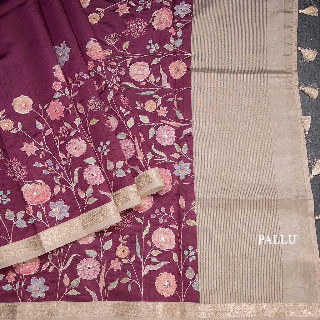 Katan Silk Wine Colour Floral Printed Saree With Zari Border