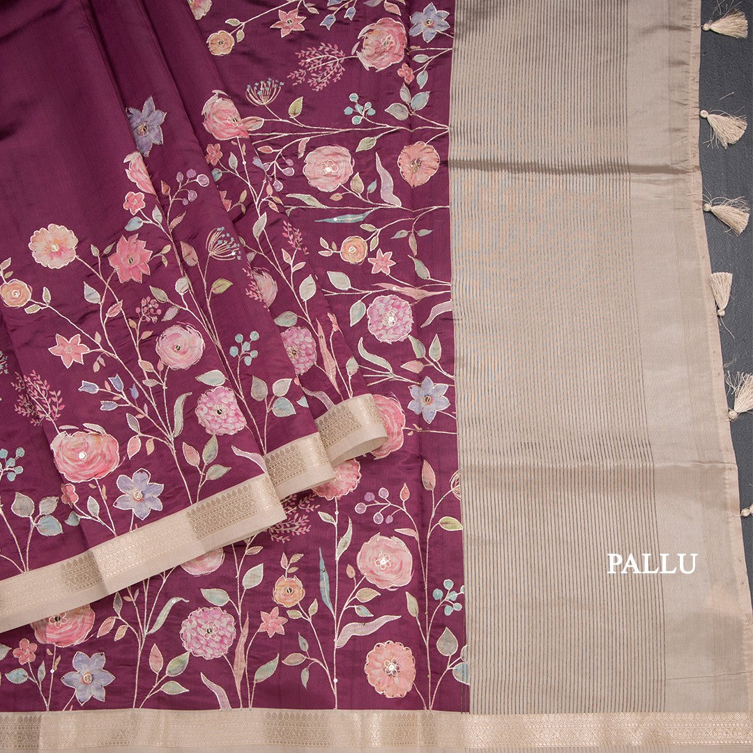 Katan Silk Wine Colour Floral Printed Saree With Zari Border