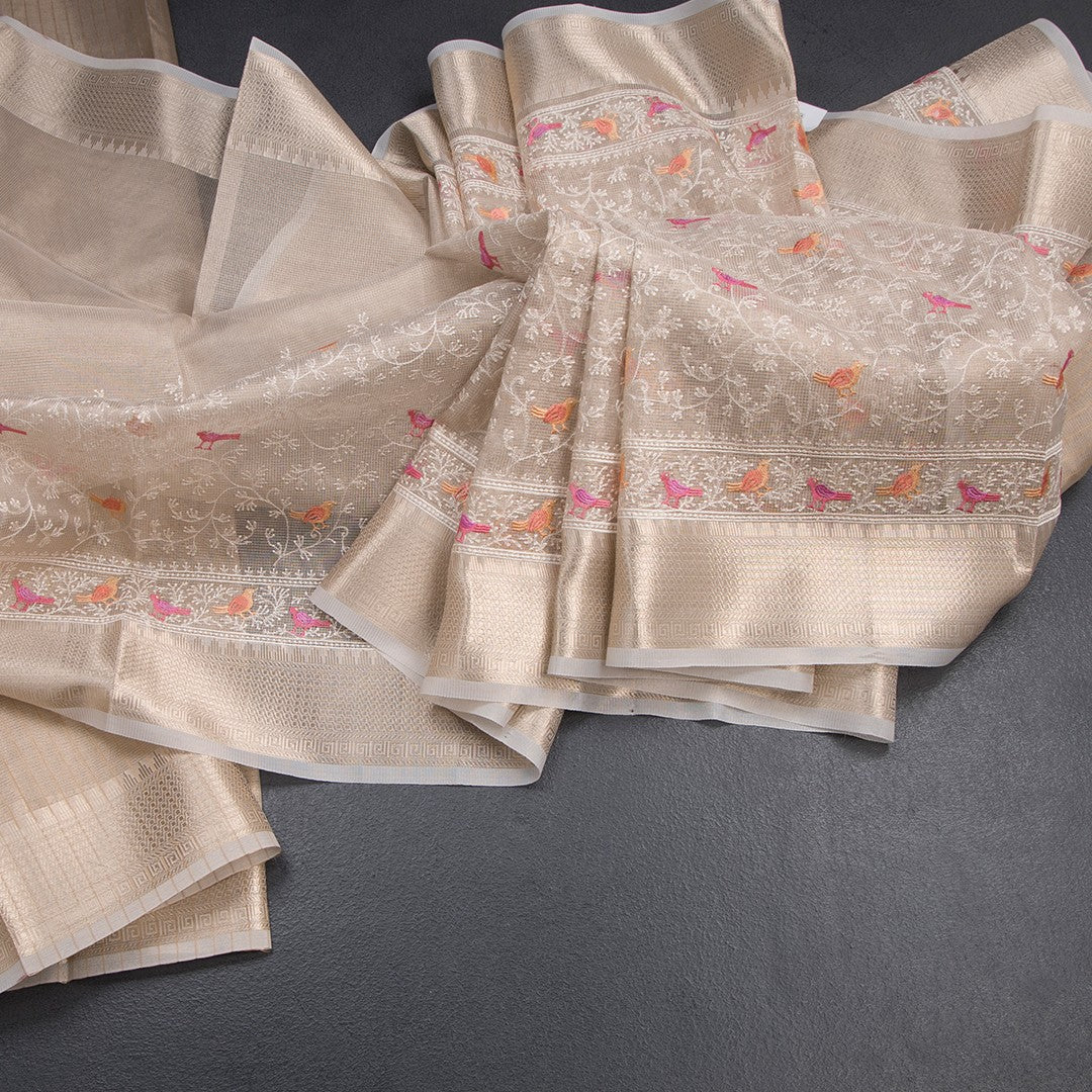 Kota Cream Thread Work Saree With Zari Border