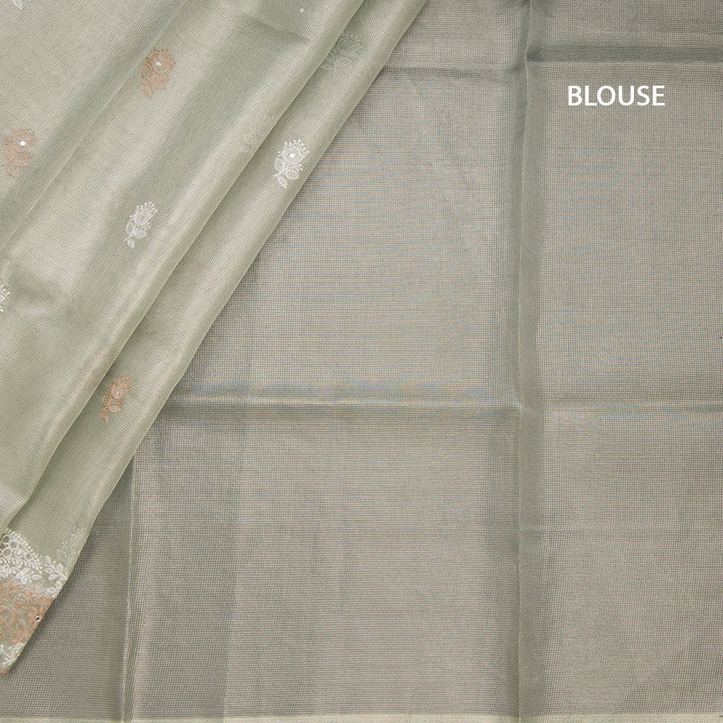 Tissue Kota Pista Green Thread Work Saree With Paisley Border