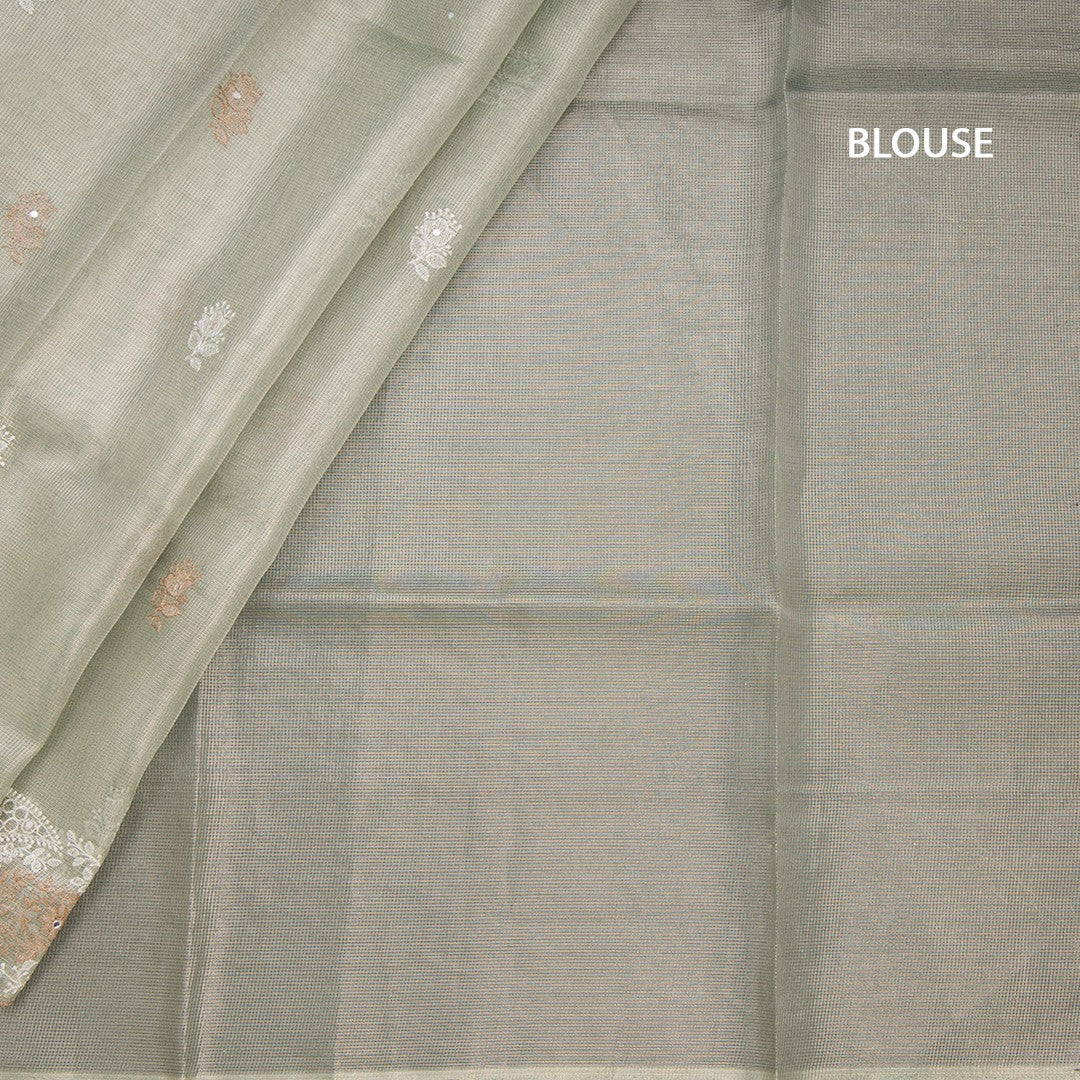 Tissue Kota Pista Green Thread Work Saree With Paisley Border