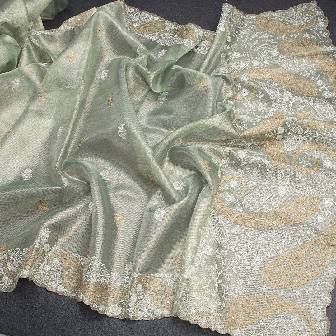 Tissue Kota Pista Green Thread Work Saree With Paisley Border