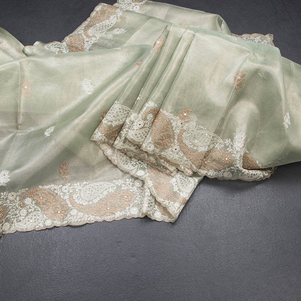 Tissue Kota Pista Green Thread Work Saree With Paisley Border