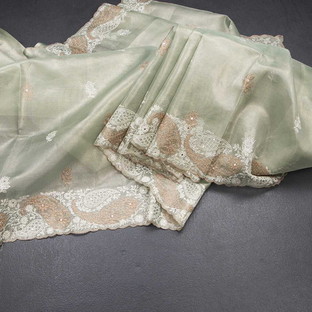 Tissue Kota Pista Green Thread Work Saree With Paisley Border