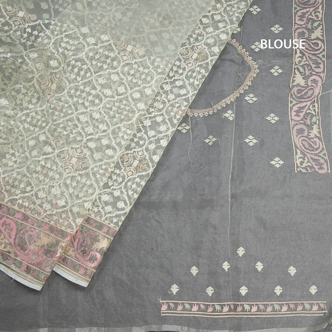 Organza Light Green Thread Work Saree With Paisley Border