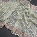 Organza Light Green Thread Work Saree With Paisley Border