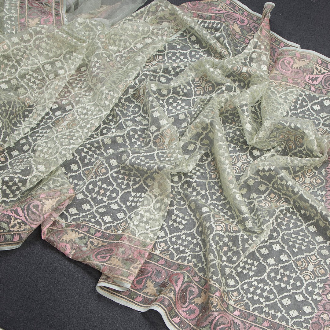 Organza Light Green Thread Work Saree With Paisley Border