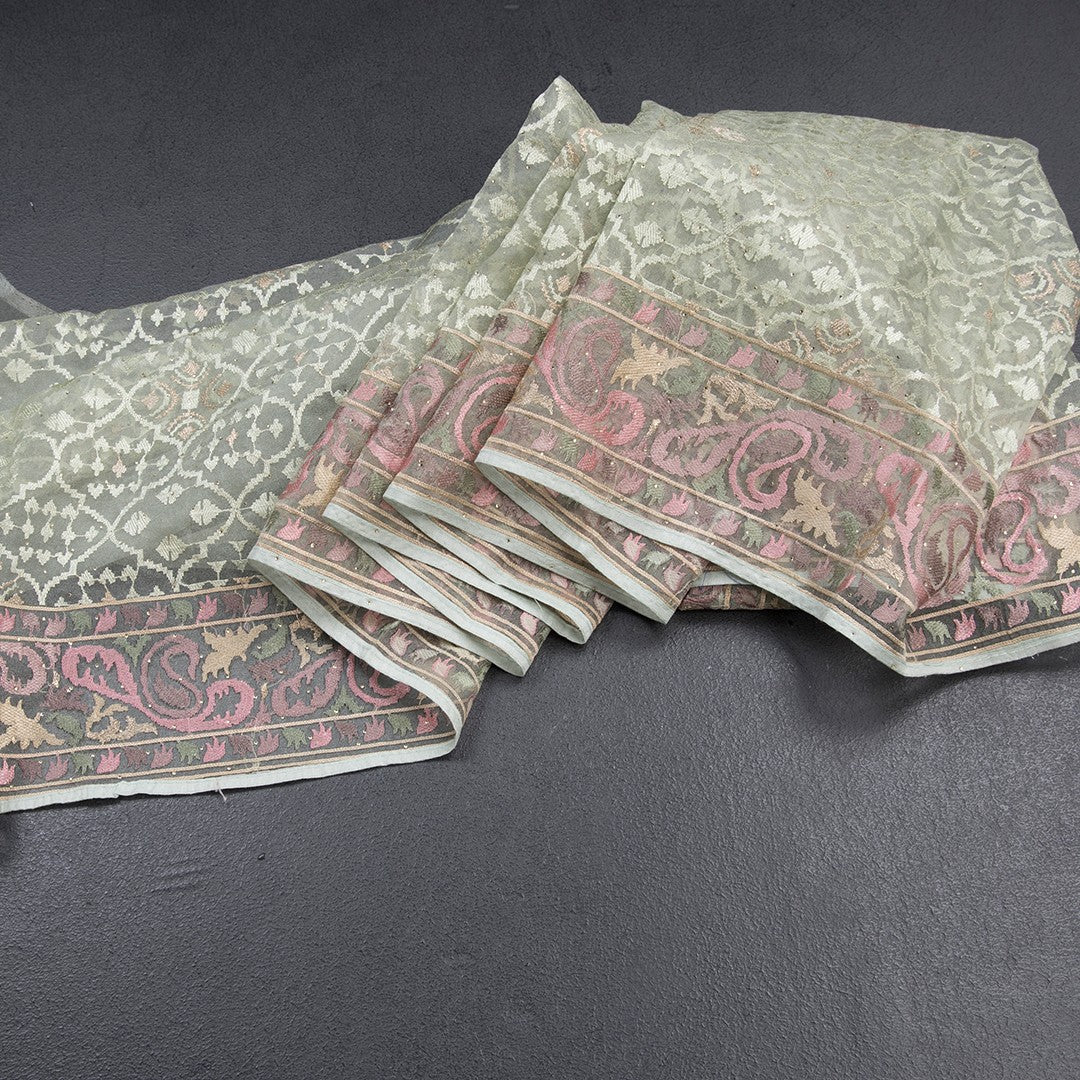 Organza Light Green Thread Work Saree With Paisley Border