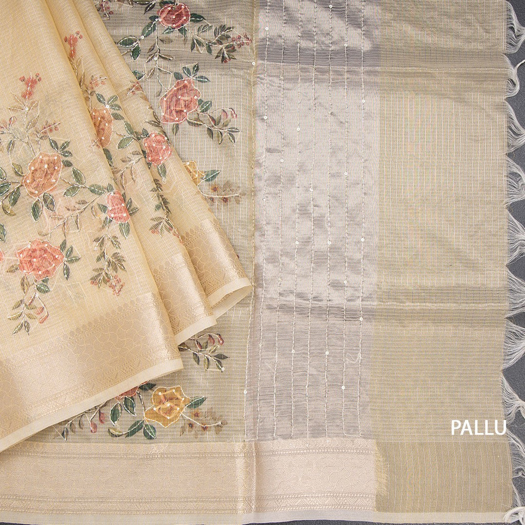 Kota Sandal Floral Printed With Thread Work Saree