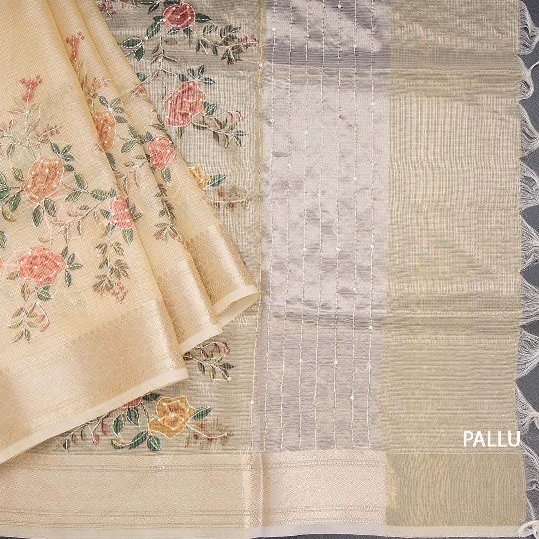 Kota Sandal Floral Printed With Thread Work Saree