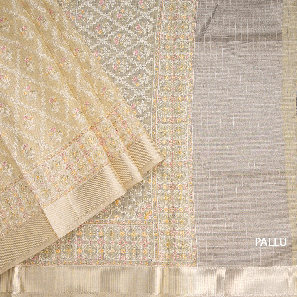 Kota Sandal Thread Work Saree With Zari Border