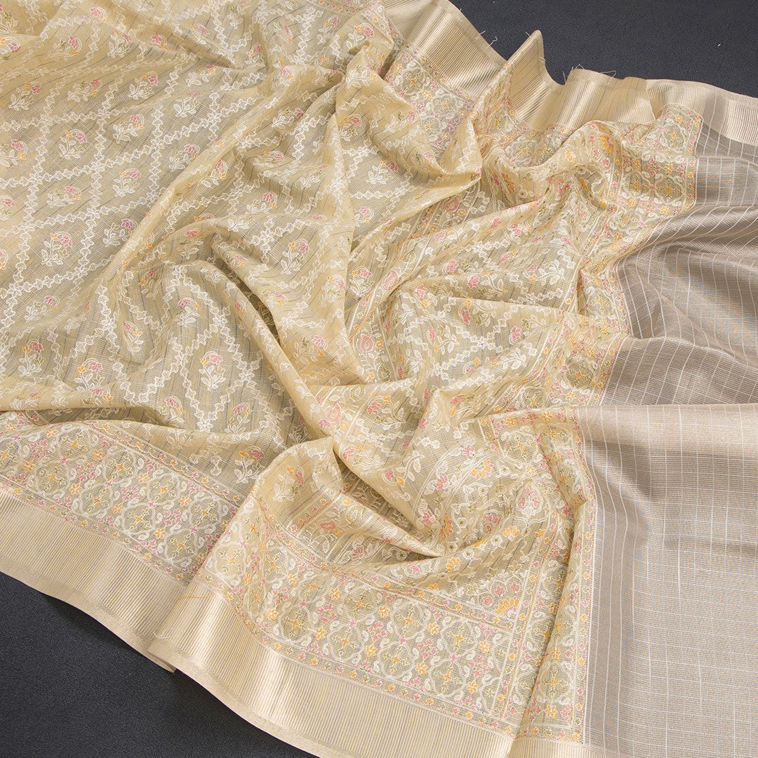 Kota Sandal Thread Work Saree With Zari Border