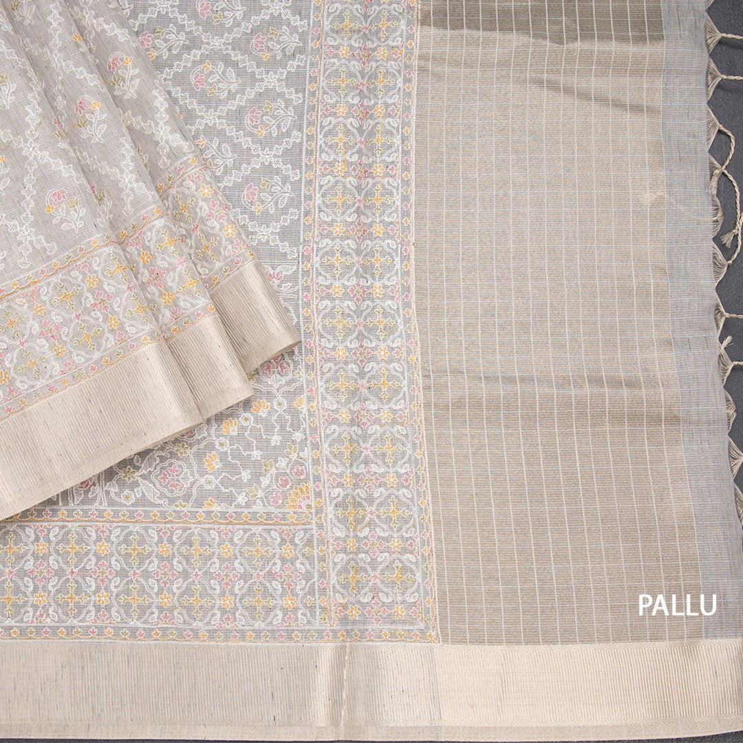 Kota Grey Thread Work Saree With Zari Border