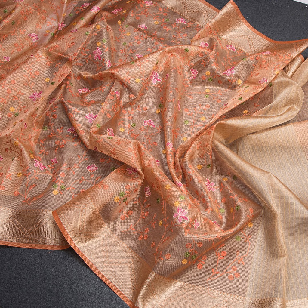 Tissue Kota Orange Thread Work Saree With Zari Border