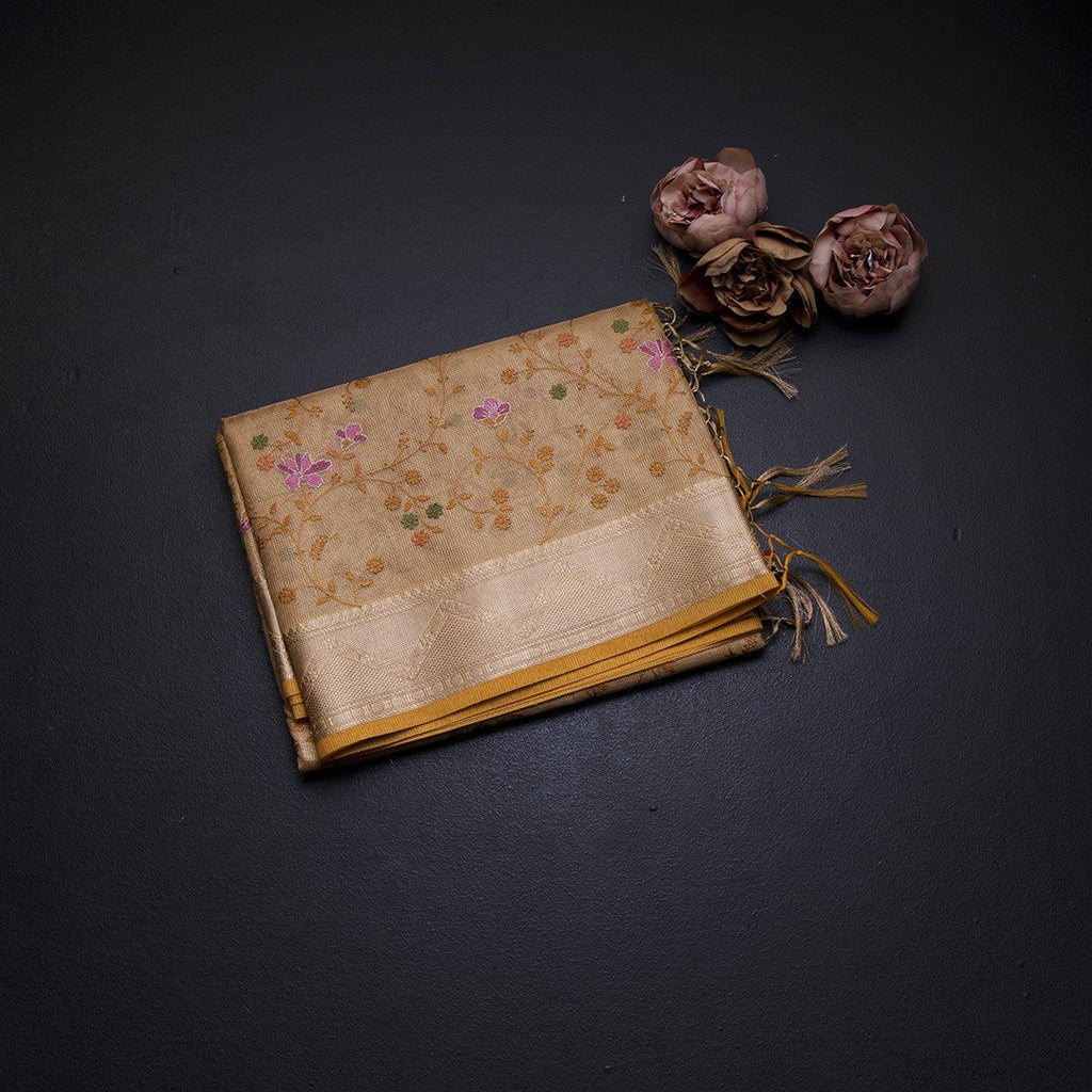 Tissue Kota Yellow Thread Work Saree With Zari Border