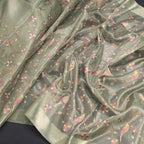 Tissue Kota Pista Green Thread Work Saree With Zari Border