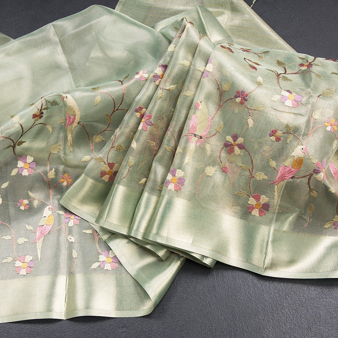 Tissue Kota Pista Green Thread Work Saree With Zari Border