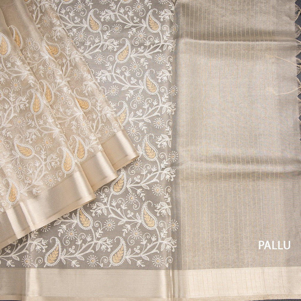 Tissue Kota Cream Thread Work Saree With Zari Border