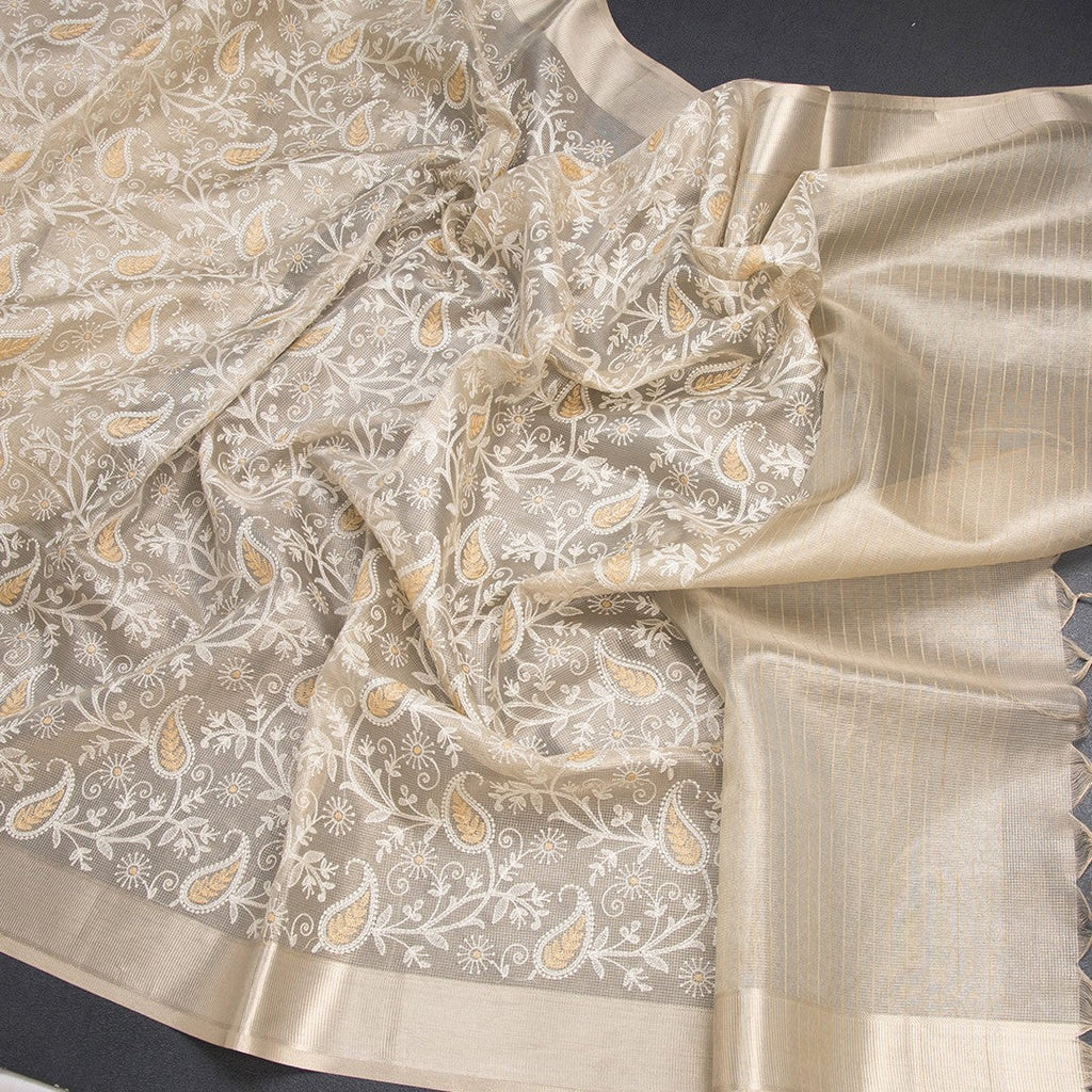 Tissue Kota Cream Thread Work Saree With Zari Border