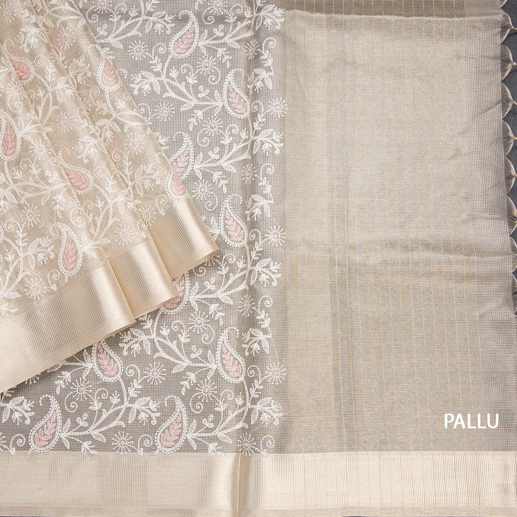 Tissue Kota Cream Thread Work Saree With Zari Border 03