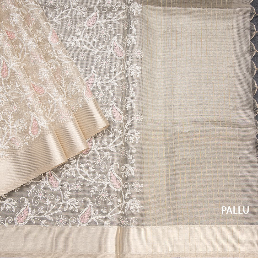 Tissue Kota Cream Thread Work Saree With Zari Border 03