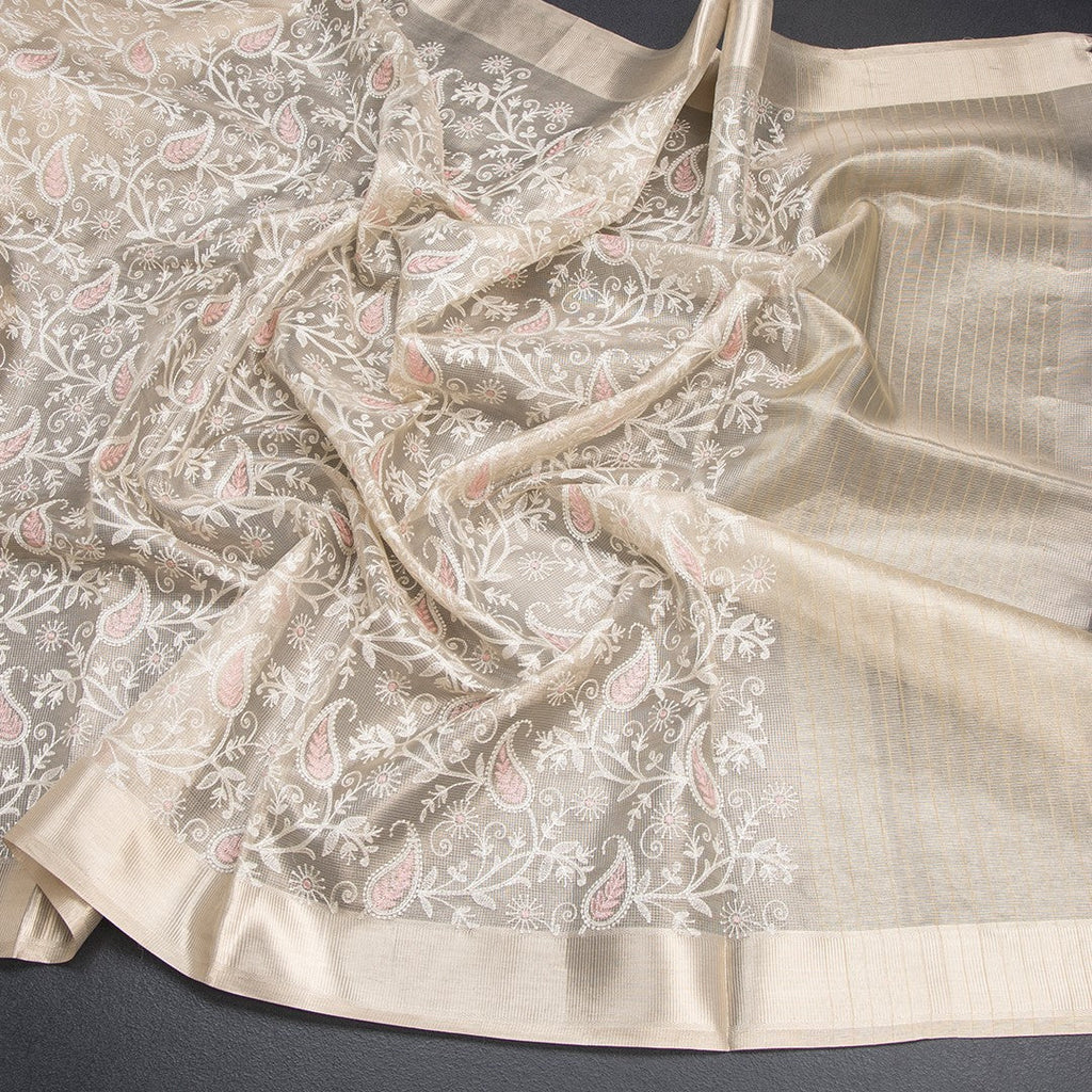 Tissue Kota Cream Thread Work Saree With Zari Border 03