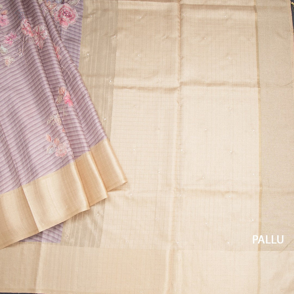 Raw Silk Light Brown Stripes Printed Saree With Zari Checks Border