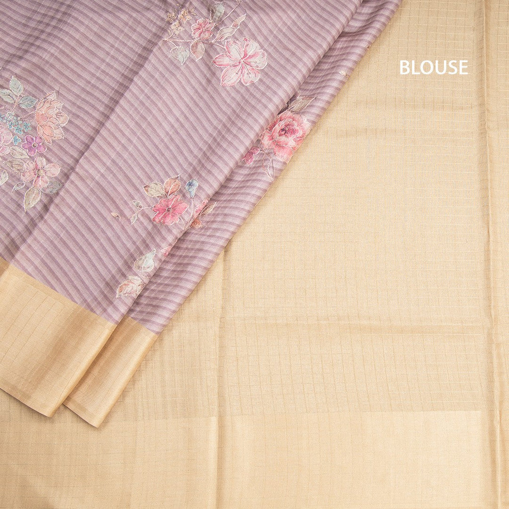 Raw Silk Light Brown Stripes Printed Saree With Zari Checks Border