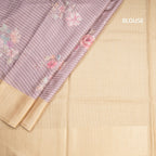 Raw Silk Light Brown Stripes Printed Saree With Zari Checks Border