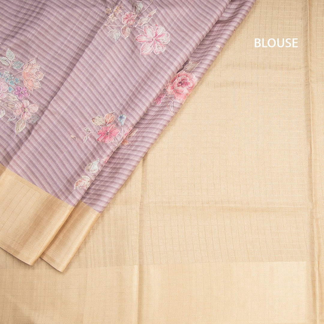 Raw Silk Light Brown Stripes Printed Saree With Zari Checks Border