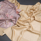 Raw Silk Light Brown Stripes Printed Saree With Zari Checks Border