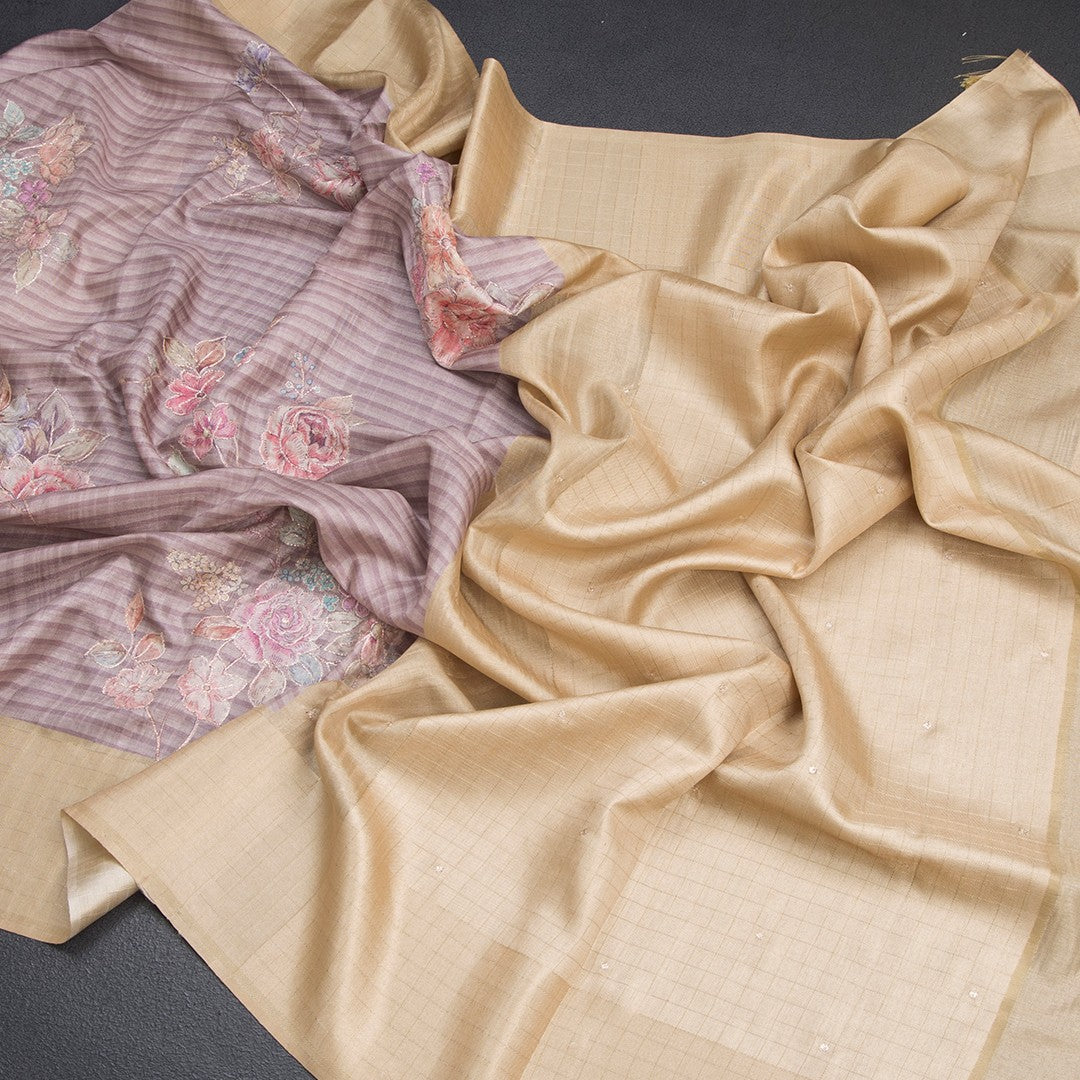 Raw Silk Light Brown Stripes Printed Saree With Zari Checks Border