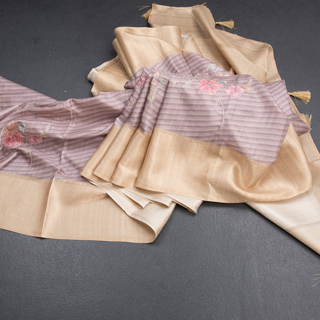 Raw Silk Light Brown Stripes Printed Saree With Zari Checks Border