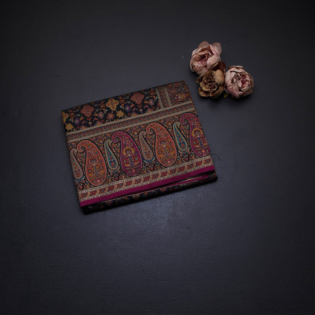 Raw Silk Black Floral Printed Saree With Paisley Border