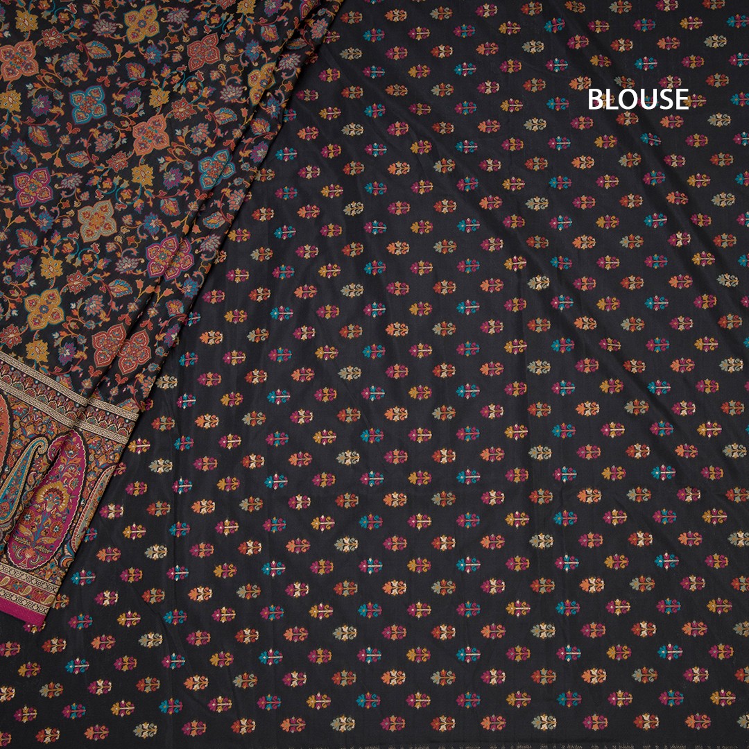 Raw Silk Black Floral Printed Saree With Paisley Border