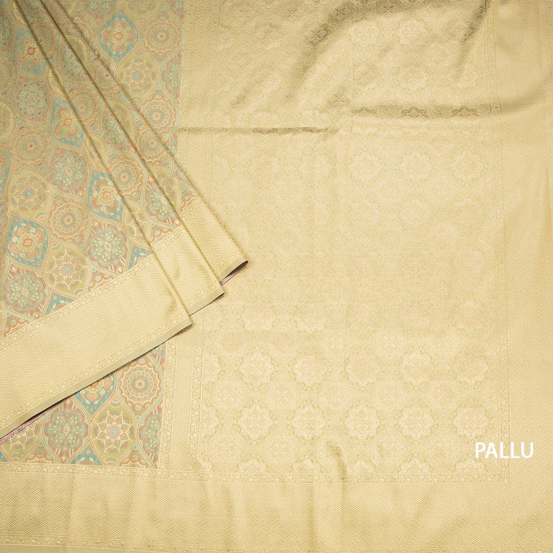Banaras Pista Green Printed With Zari Work Saree