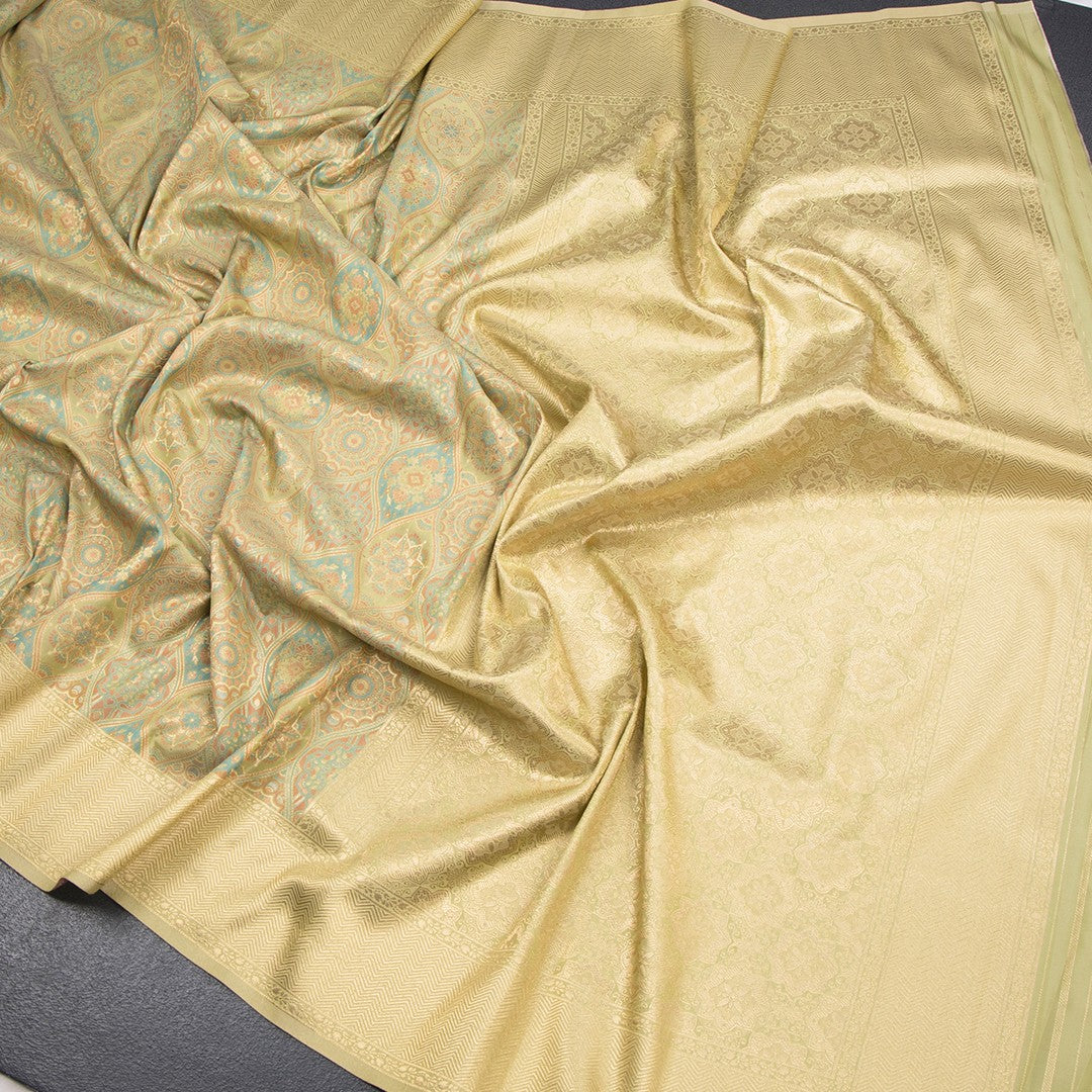 Banaras Pista Green Printed With Zari Work Saree