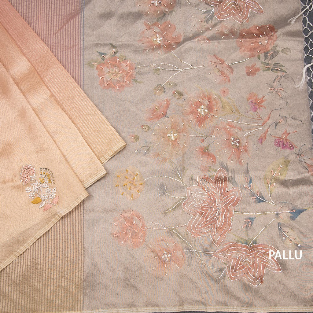Organza Multi Colour Zari Stripes With Thread Work Saree 02