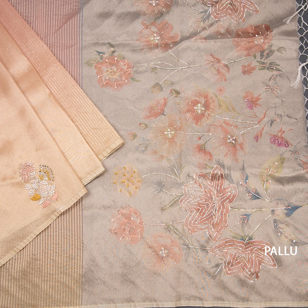 Organza Multi Colour Zari Stripes With Thread Work Saree 02