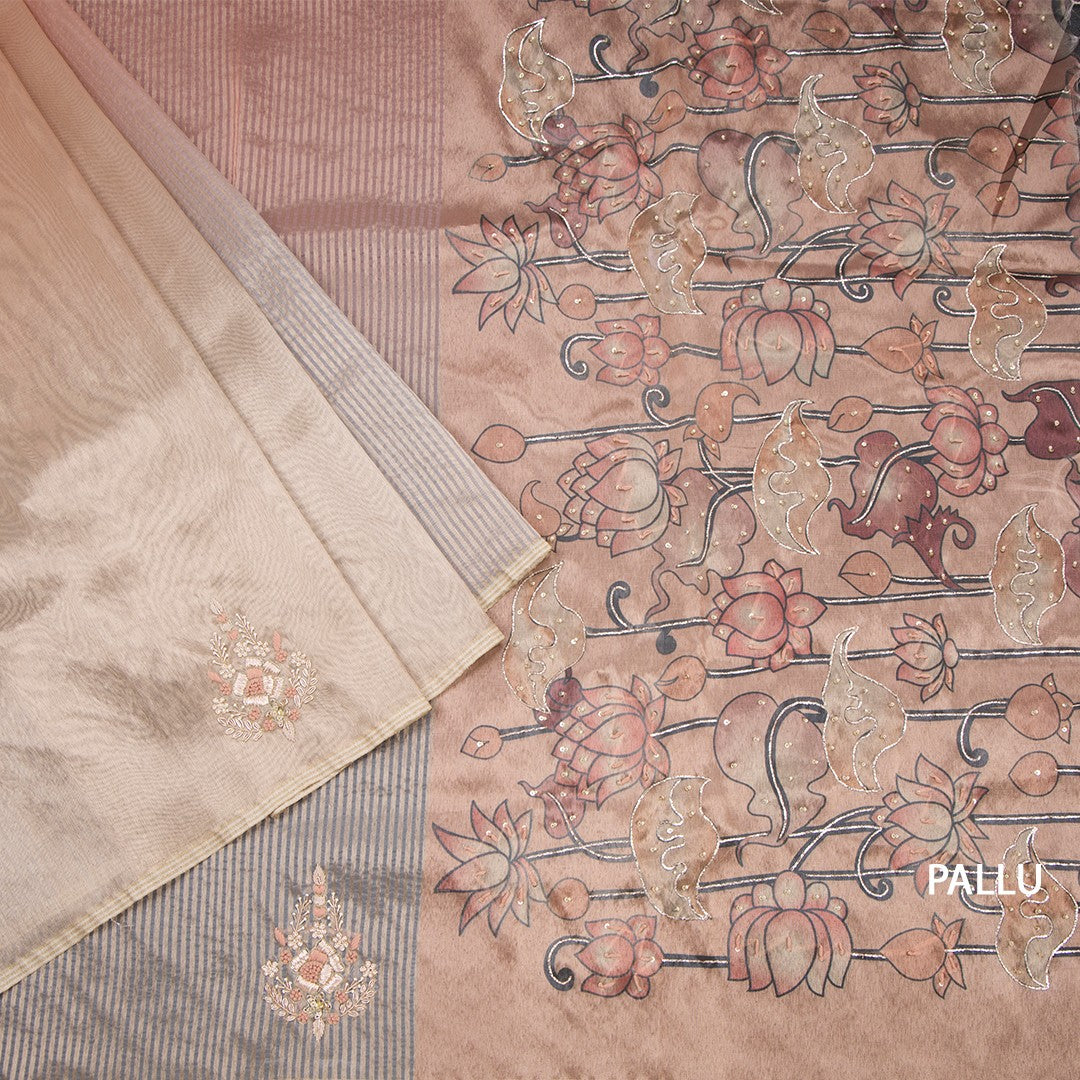 Organza Multi Colour Zari Stripes With Thread Work Saree 07