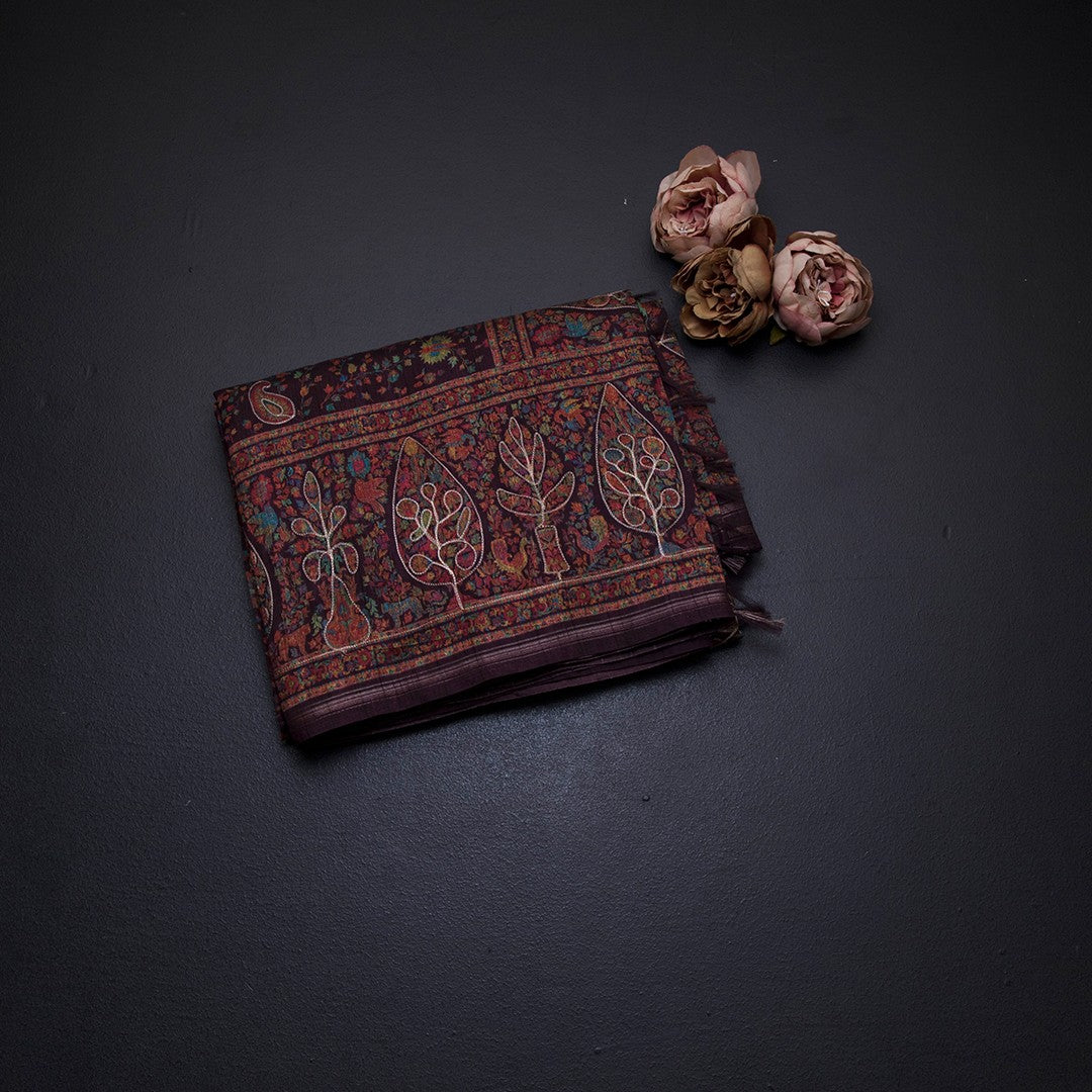 Raw Silk Dark Maroon Floral Printed Saree