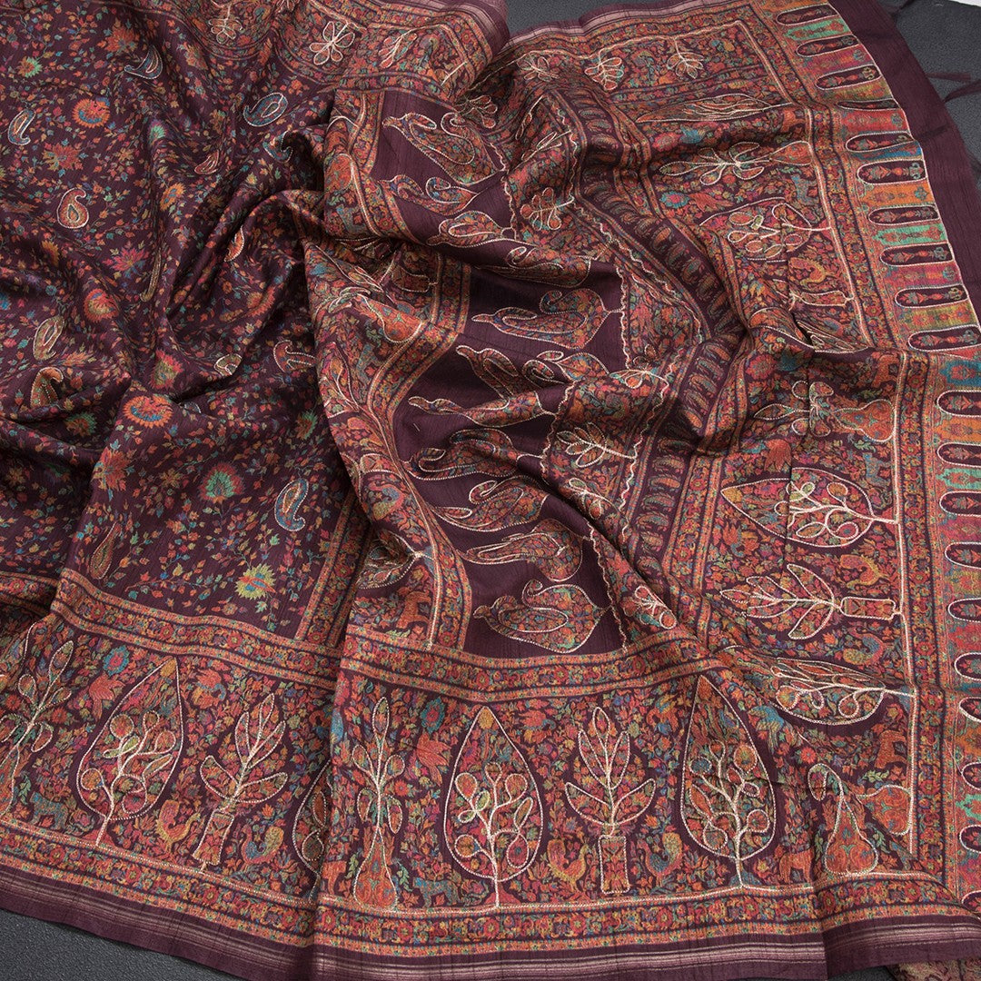 Raw Silk Dark Maroon Floral Printed Saree