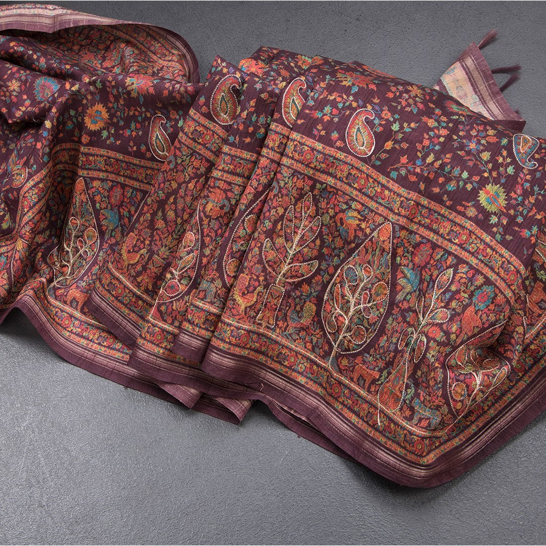 Raw Silk Dark Maroon Floral Printed Saree
