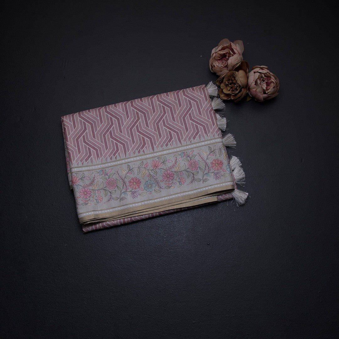 Raw Silk Onion Pink Printed Saree With Floral Border