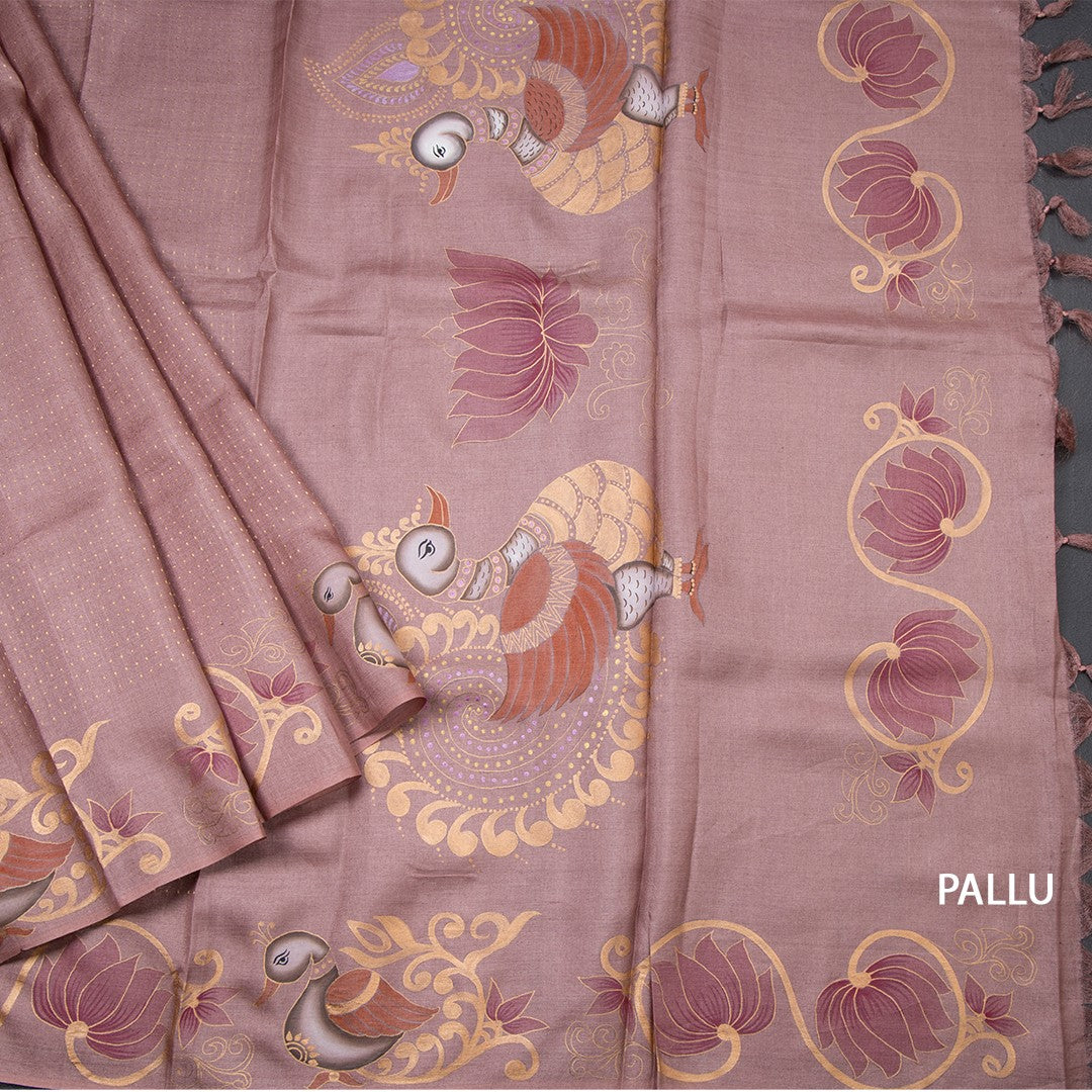 Pure Tussar Onion Pink Zari With Painting Work Saree