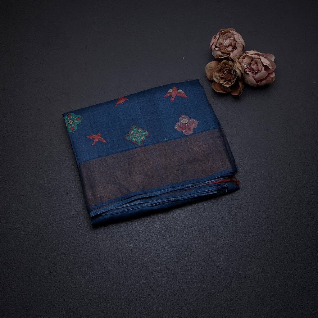 Pure Tussar Navy Blue Printed Saree