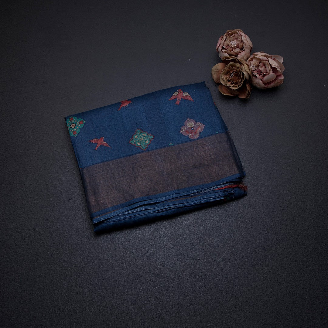 Pure Tussar Navy Blue Printed Saree