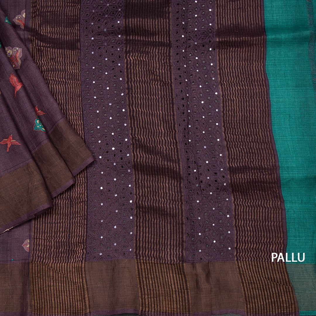 Pure Tussar Dark Purple Printed Saree