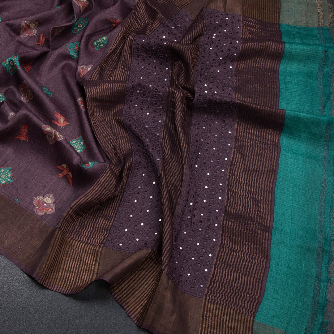 Pure Tussar Dark Purple Printed Saree